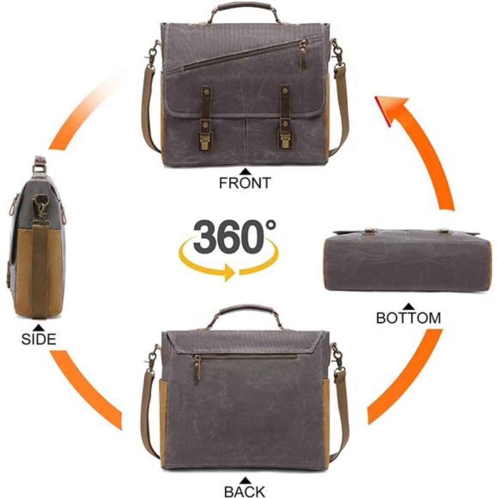 Messenger Bag, 15.6" Waterproof Waxed Canvas Briefcase Vintage Leather for  Men